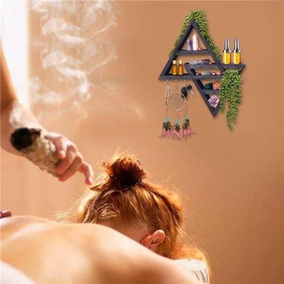 Moon Phase Triangle Shelf with Hooks - Rustic Moon Shelf for Crystals- Black - Picture 3 of 7